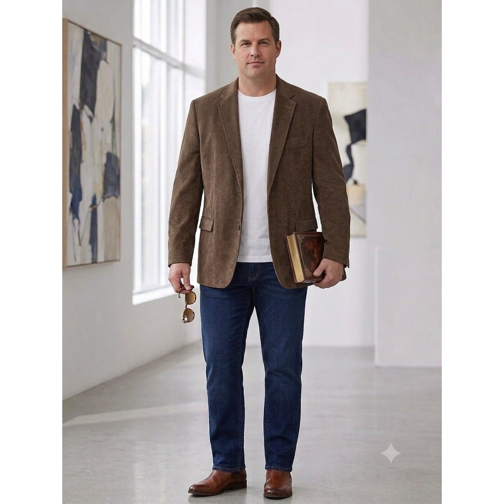 Stafford Essentials Mens 42R Brown Corduroy Blazer Paisley Lining Sport Coat